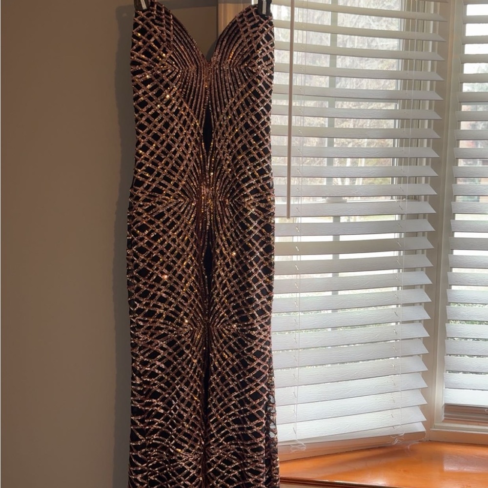 Angel Brinks Black Evening Gown with Rose Gold Sequin Pattern with black straps.